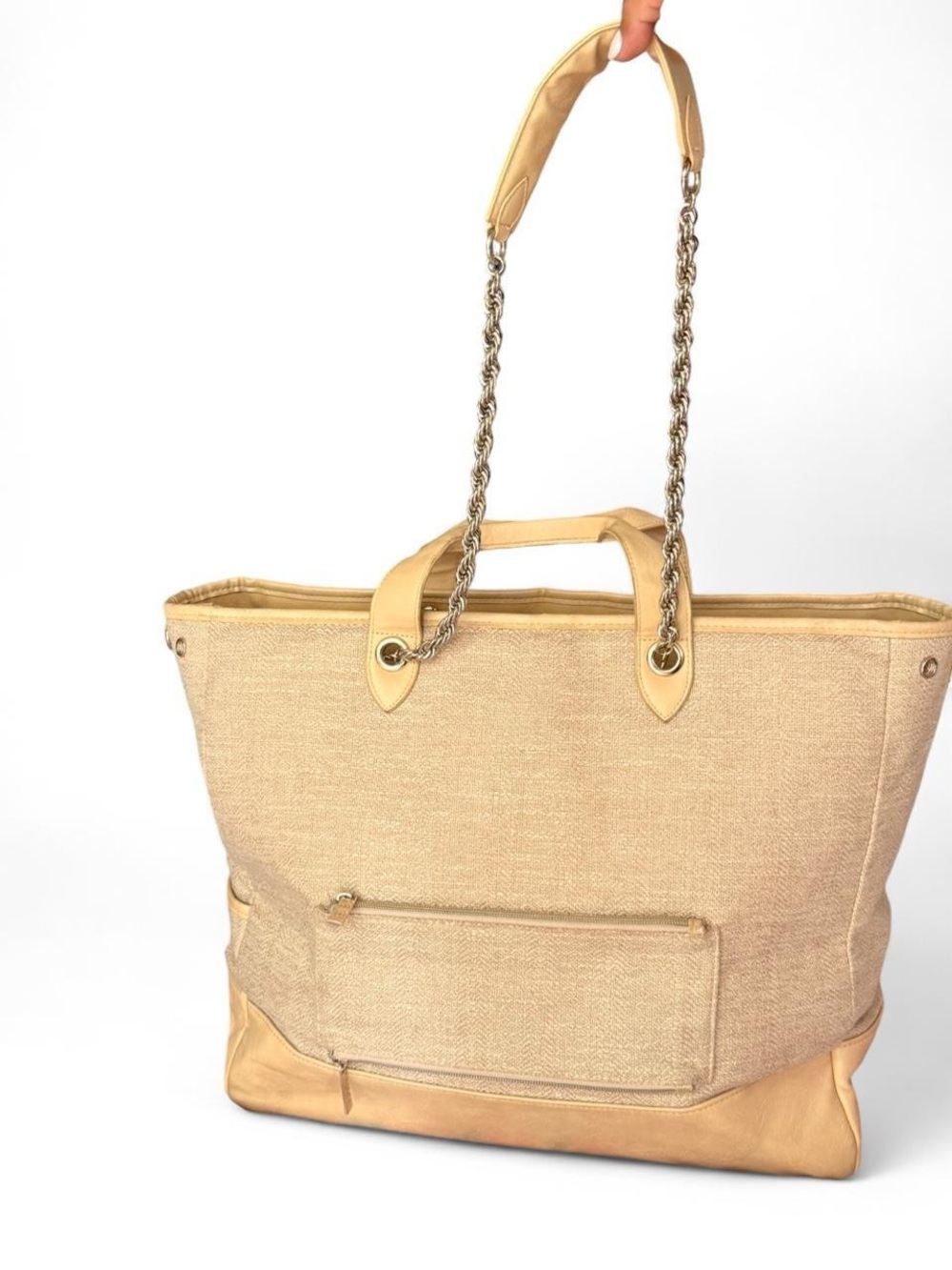 BEIS Cream Tote with Silver Chain Accent